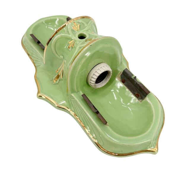 vintage Art Deco pale green & gold Ceiling Light Fixture flush mount two bulbs - Picture 7 of 12